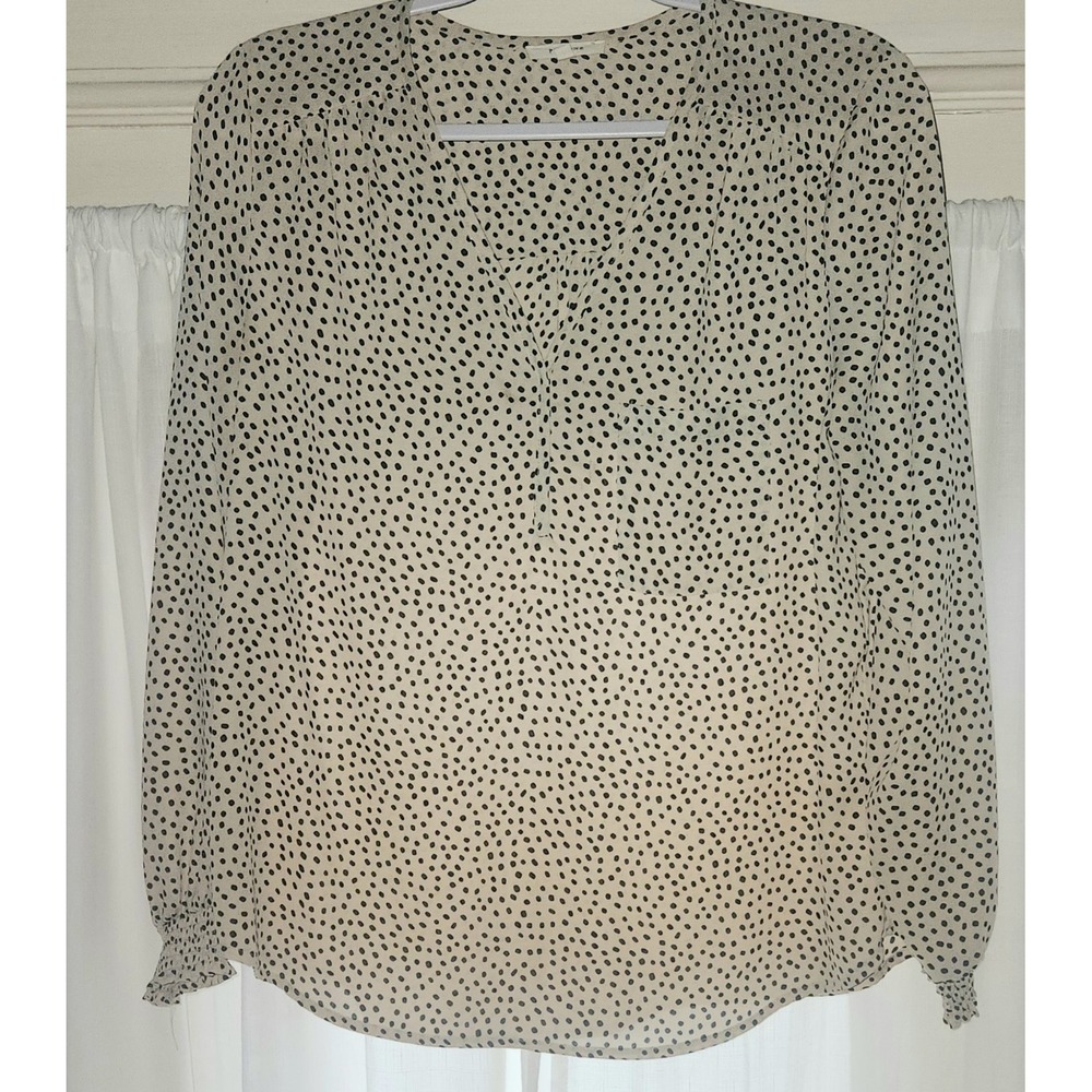 Pleione Women's Medium Ivory Black Polka Dot Blouse Long Sleeve V-Neck Sheer Top